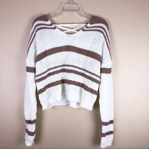 Derek Heart Sweaters - White& Brown Striped Lace Up Back Sweater